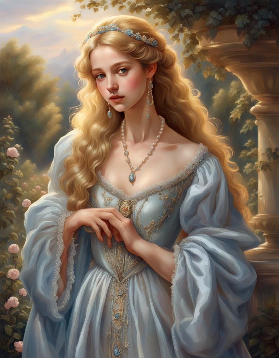 Renaissance Girl in Silver Gown with Golden Hair