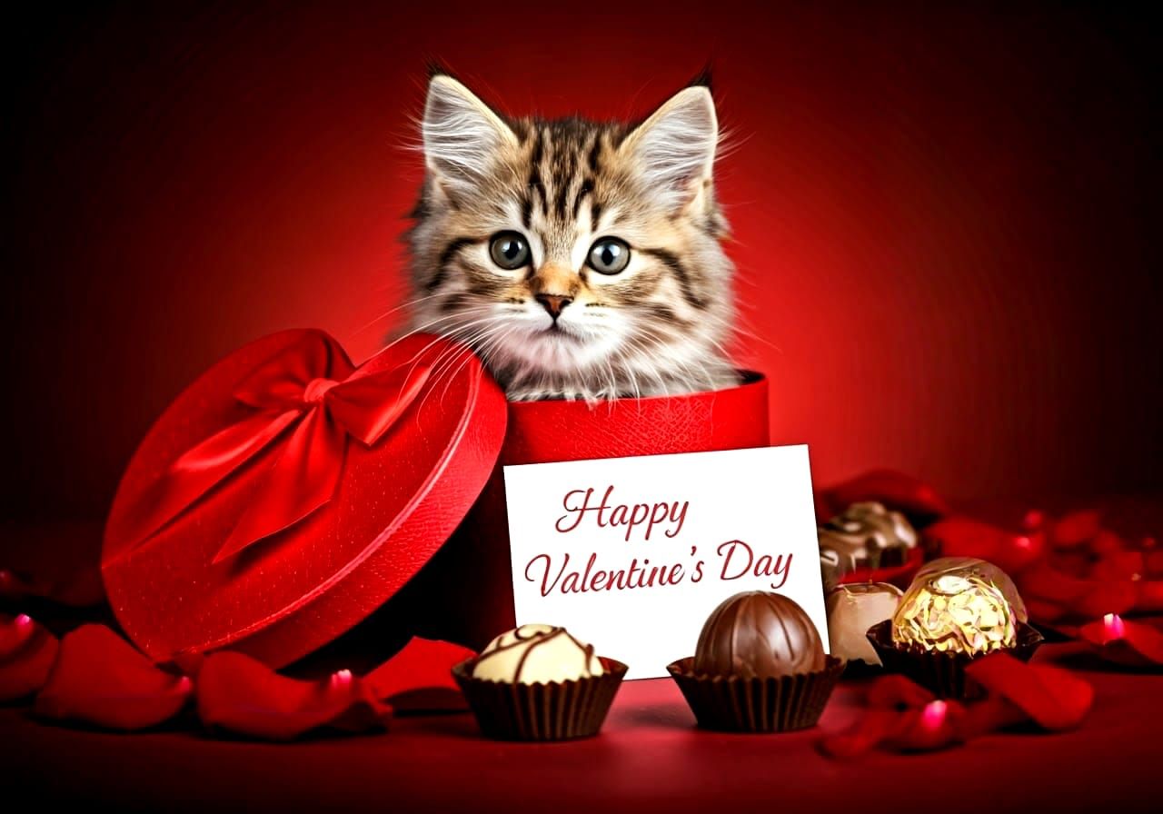 Fluffy Kitten Surrounded by Roses and Chocolates on Valentin...