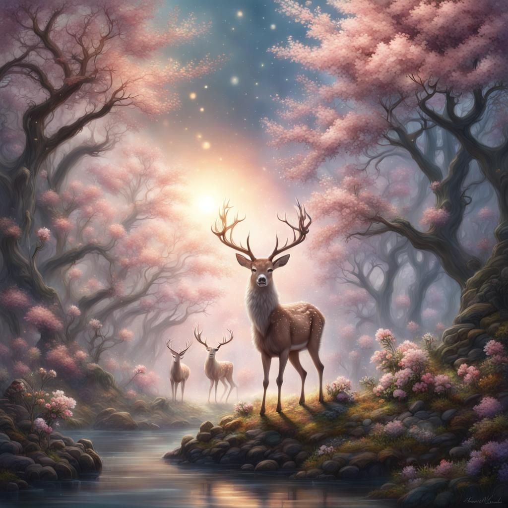 Deer with Floral Antlers in Ethereal Forest