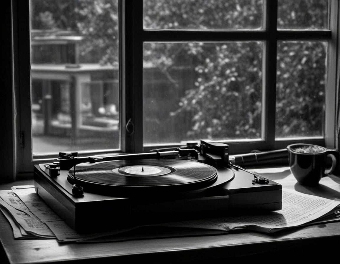 Vintage Record Player in Warm Black and White