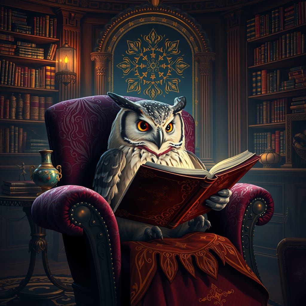 Wise Owl Reads in Opulent Study, Matte Painting