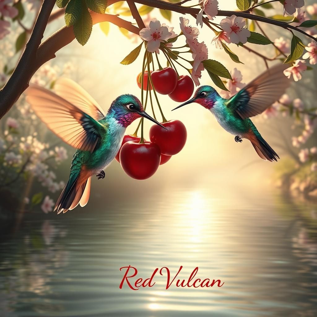 Hummingbirds feed on the cherries amongst the cherry blossom...