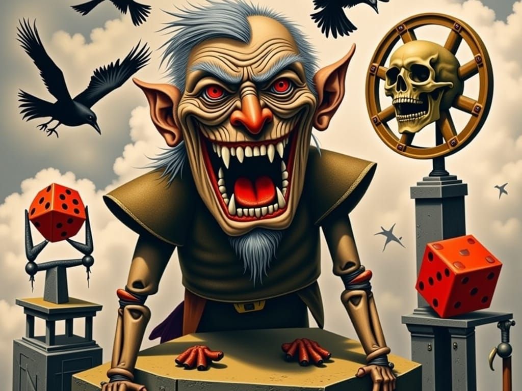 Grotesque Troll and Mini-Death in Surreal Landscape