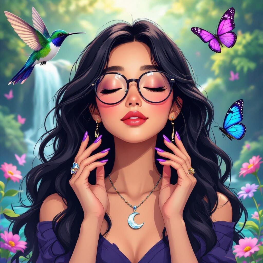 Asian Woman in Dreamy Waterfall Scene, Anime Style