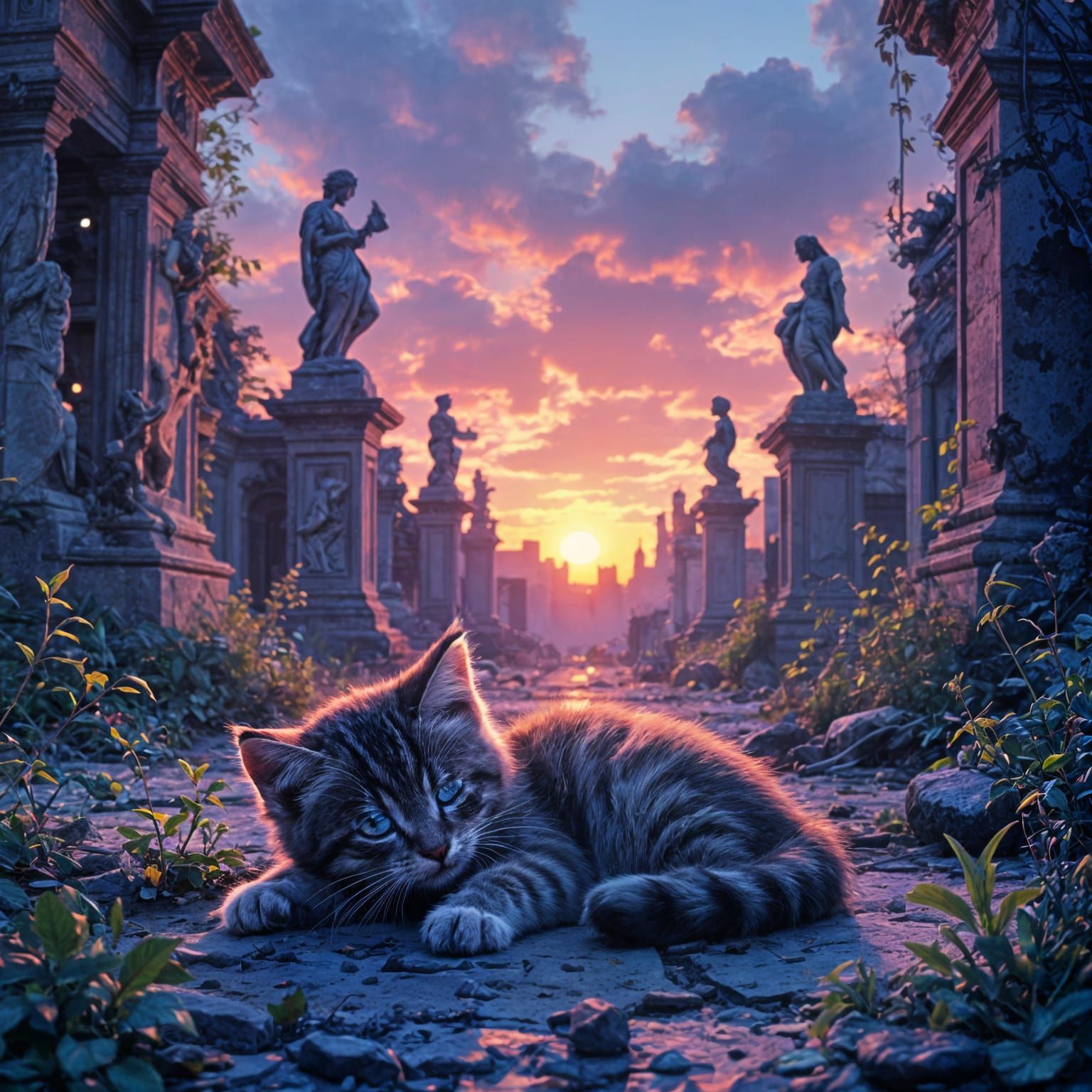 Kitten Rests in Digital Sunset Ruins