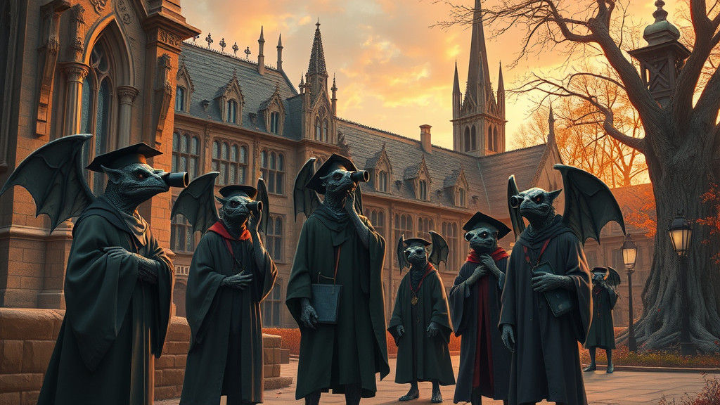 Gargoyle Students at Gothic University in Surreal Style