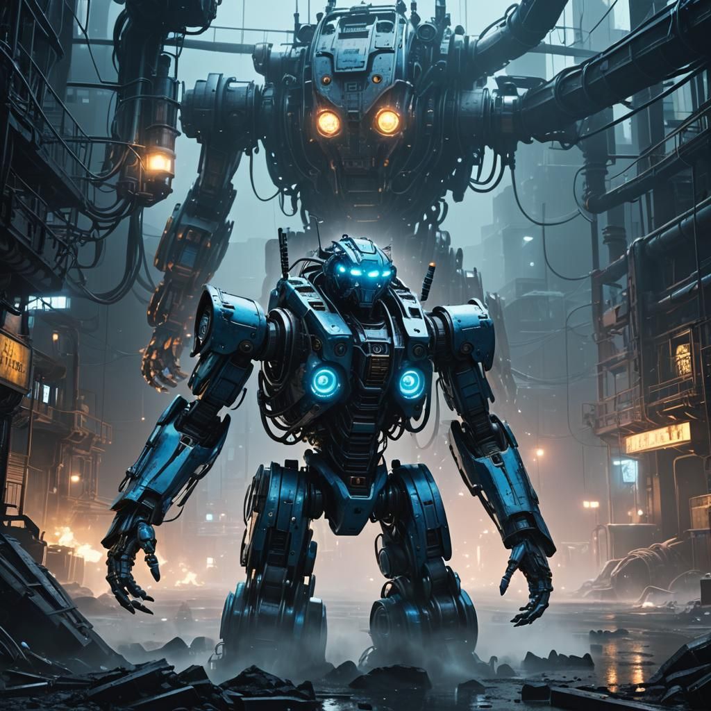 Industrial Robot in Cyberpunk Cityscape, 3D Render