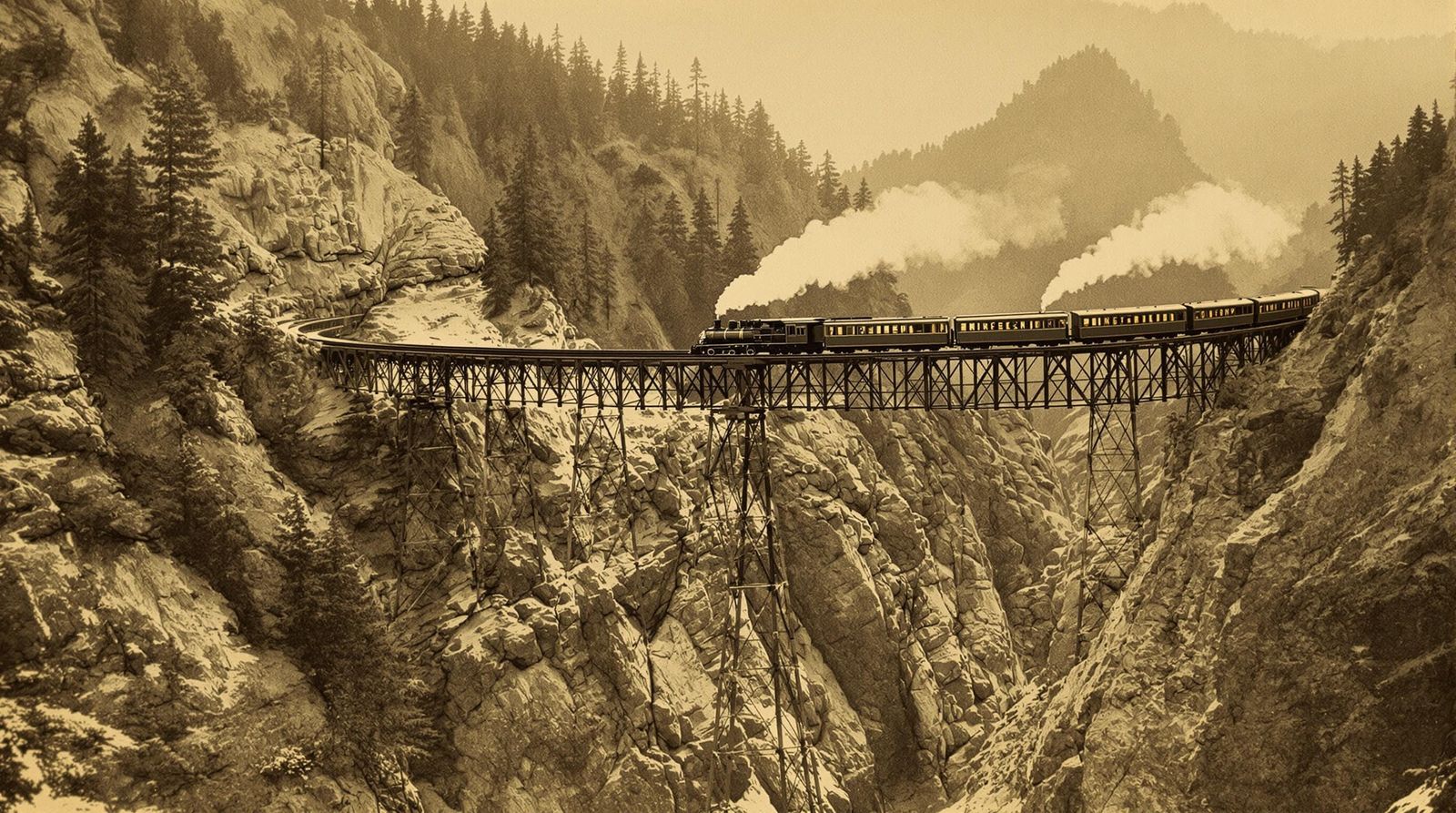 Vintage Steam Train on Timber Trestle Bridge