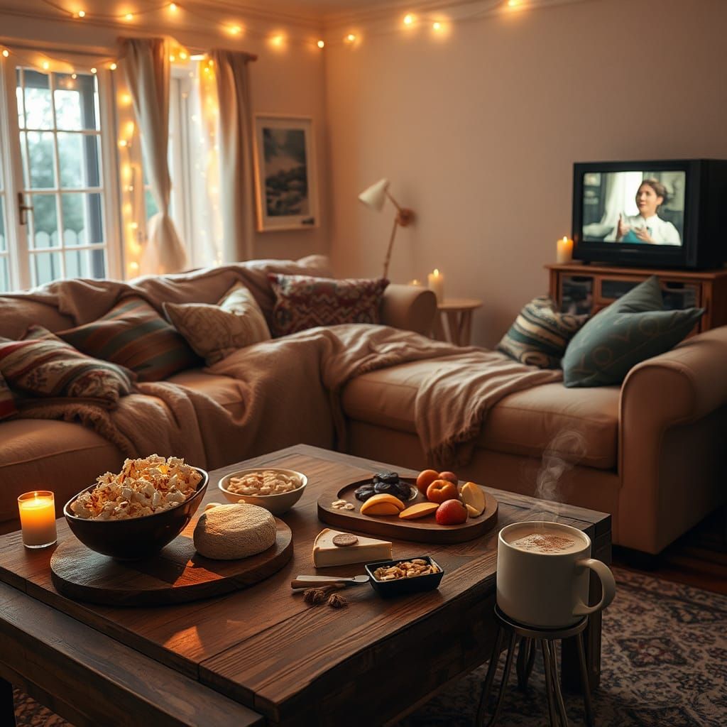 Cozy Living Room Scene in Mixed Media Style