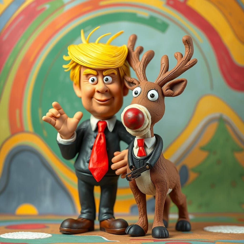 Colorful Clay Character Trump Posing with Militant Reindeer
