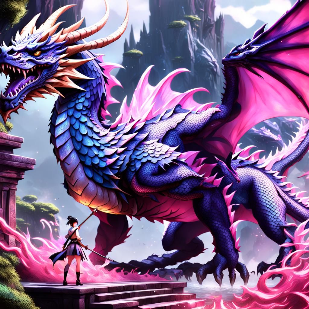 Anime Girl Taming a Dragon in Detailed Matte Painting