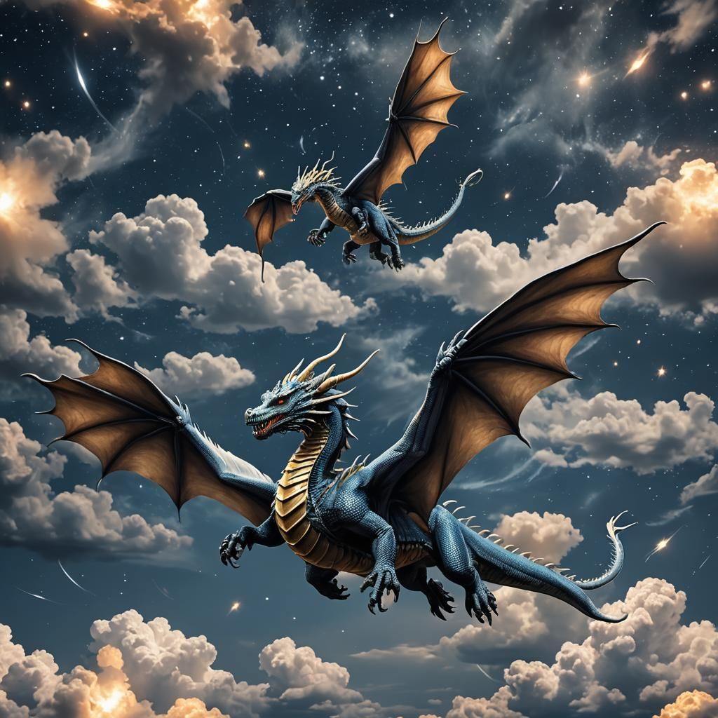 Blue-Grey Dragon Flying in Moonlight Night Sky