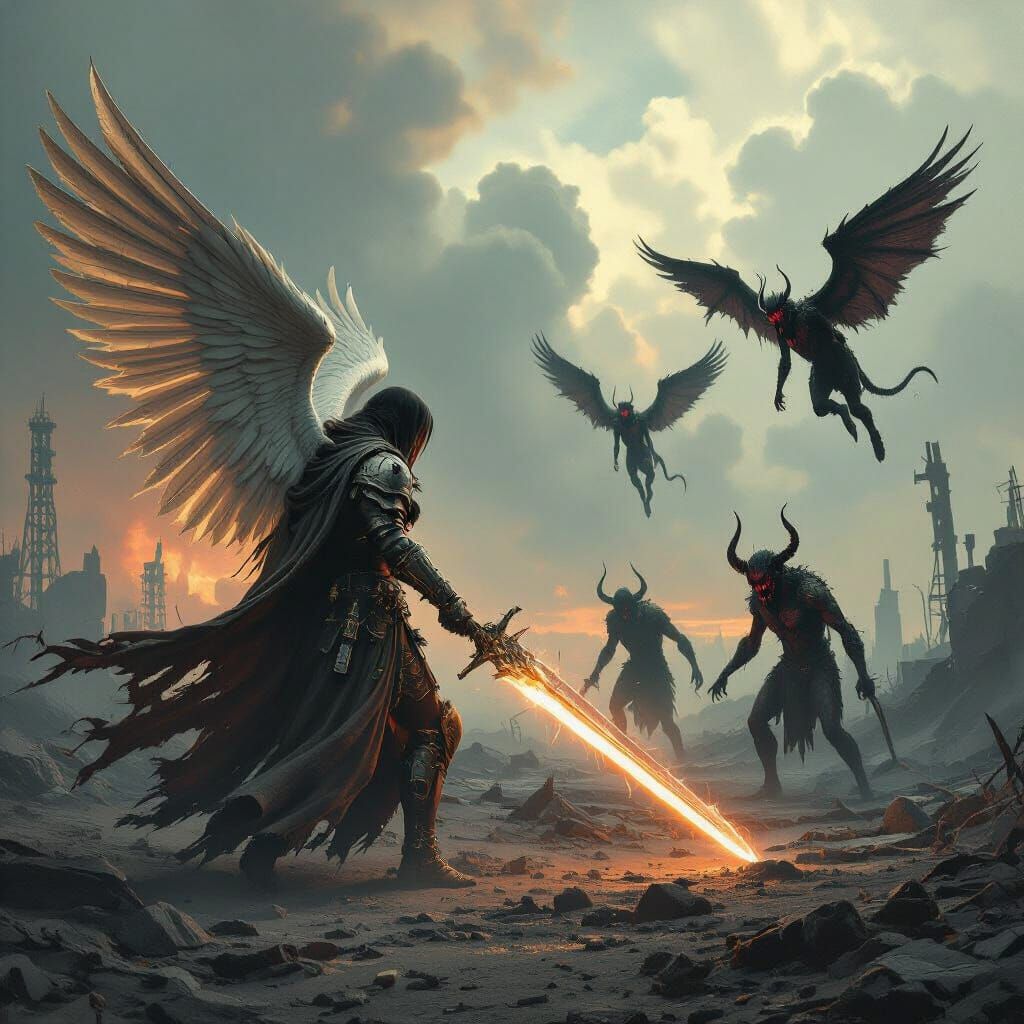 Angel Warrior Battles Demons in Wasteland Art