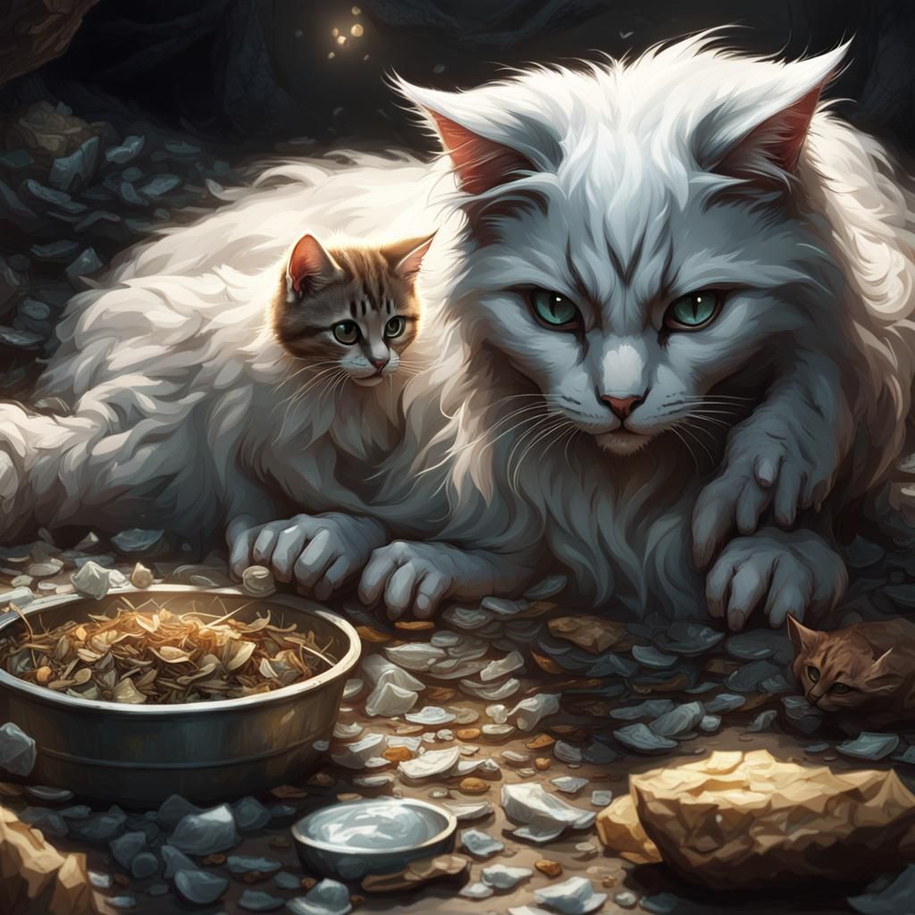White Cat and Kitten in Dark Fantasy Cave