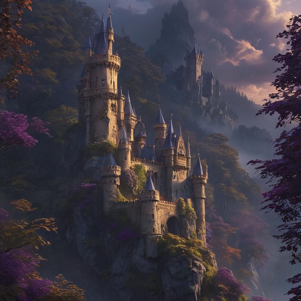 Majestic Castle Tower in Lush Forest: Fantasy Concept Art