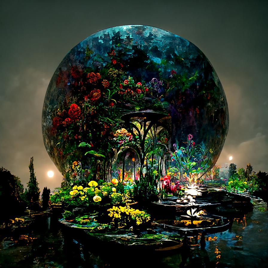 Garden Inside Crystal Moon in Pointillism Style