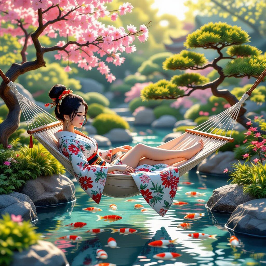 Hyperrealistic Samurai Woman in Tranquil Japanese Garden