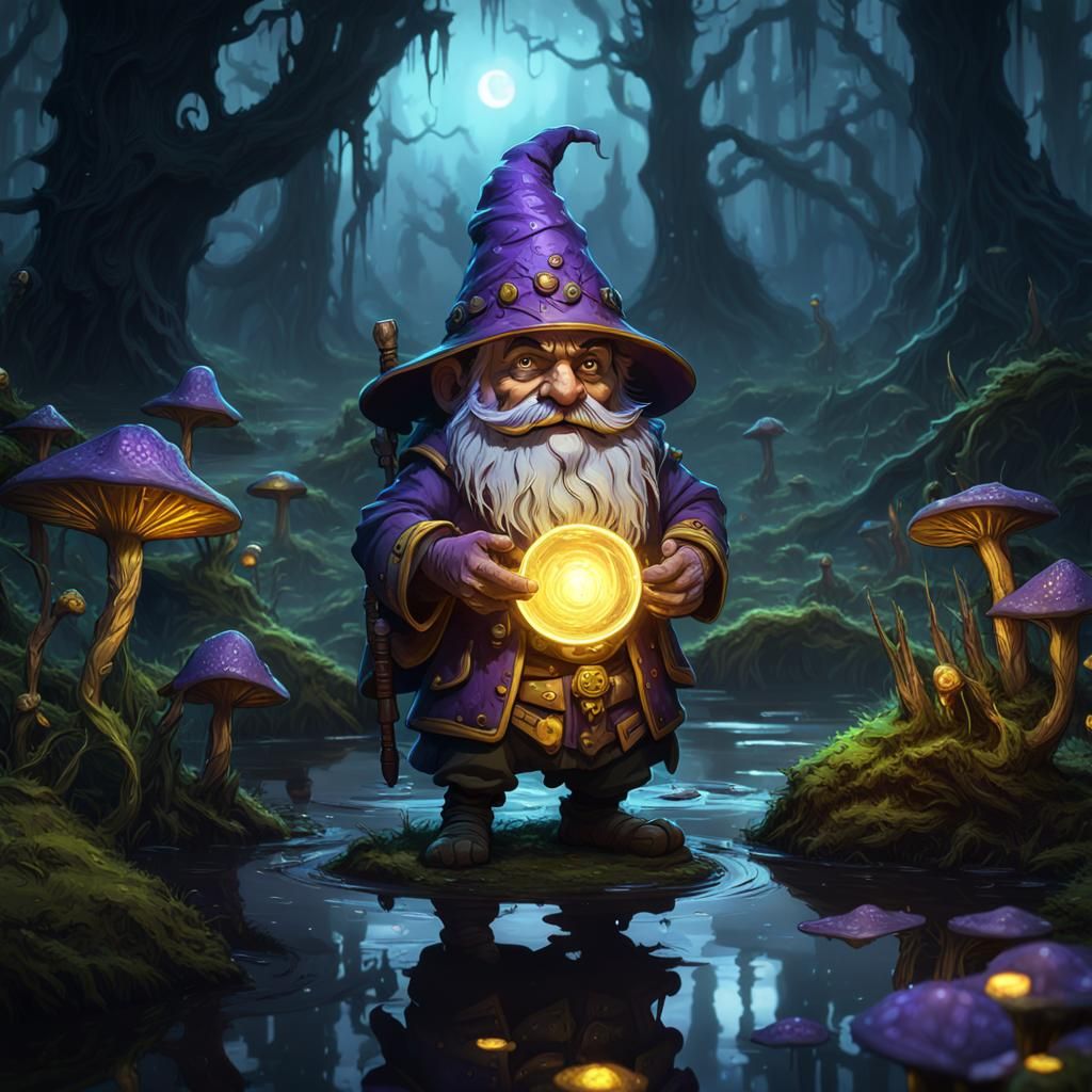 Forest Gnome Druid in Swamp, Dark Fantasy Art