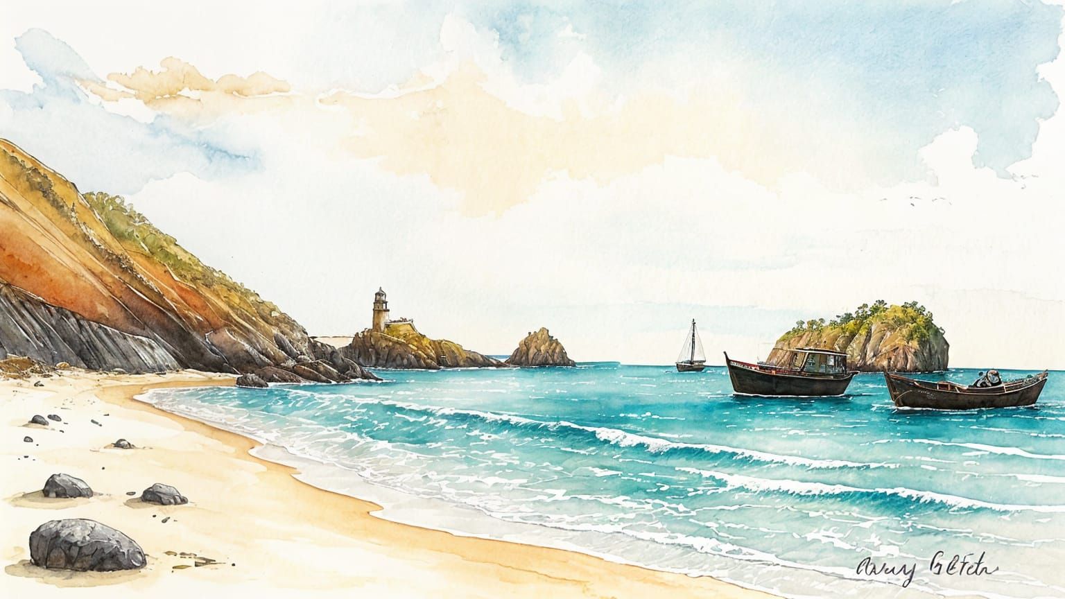 Golden Beach Scene with Watercolour Effects