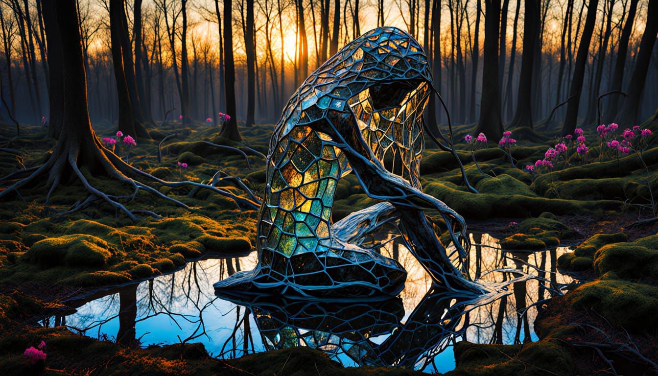 Surreal Sculpture of Woman with Cracked Mirrors