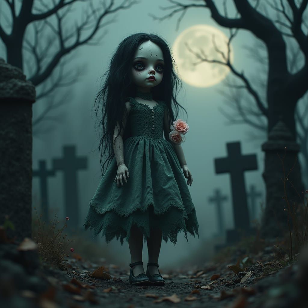 Gothic Porcelain Doll in Graveyard: Dark Fantasy Art