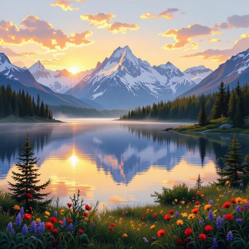 Golden Sunrise over Snow-Capped Mountain Lake