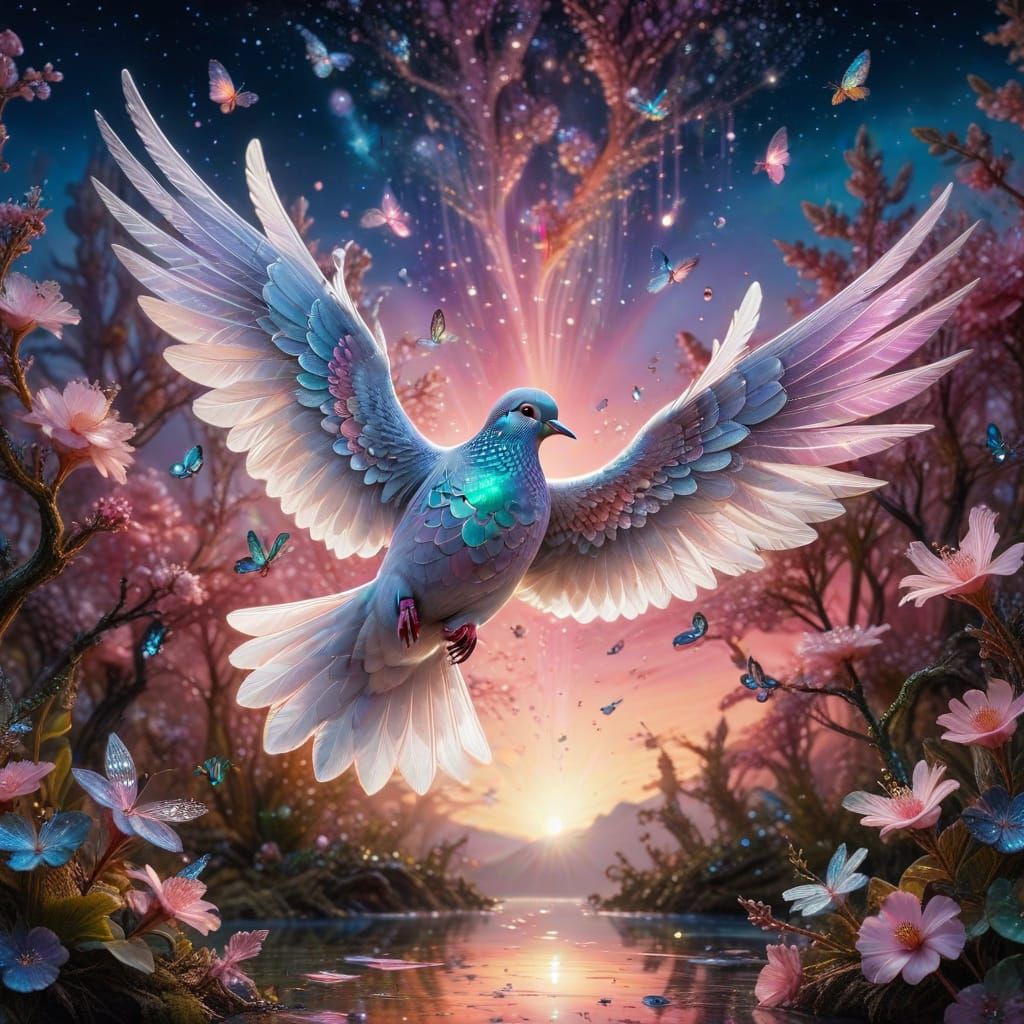 Iridescent Doves in Whimsical Gemstone Paradise