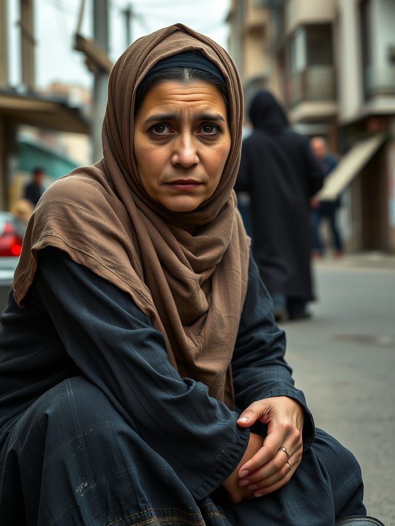 Tired Hijabi Woman in Ruins