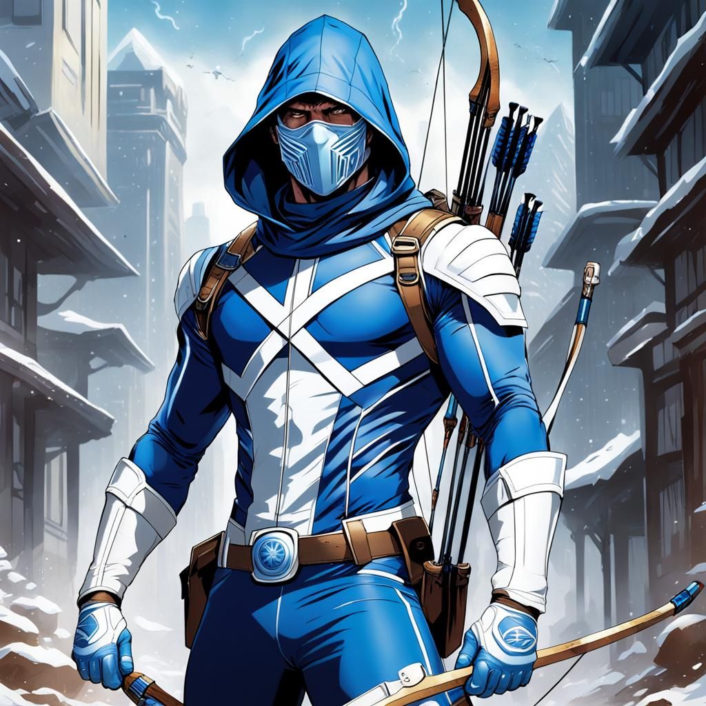 Comic Book Archer in Blue Hooded Mask