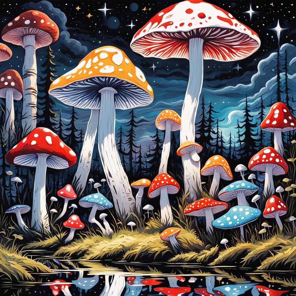 Gothic Horror: Giant Glowing Mushrooms in a Swamp