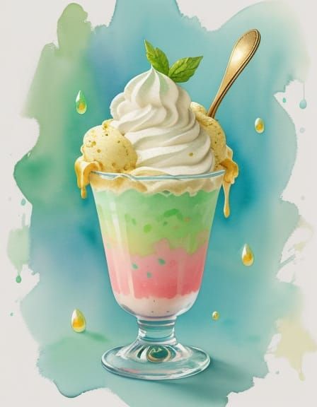 Green Melon Ice Cream Soda: Watercolor Splash Art