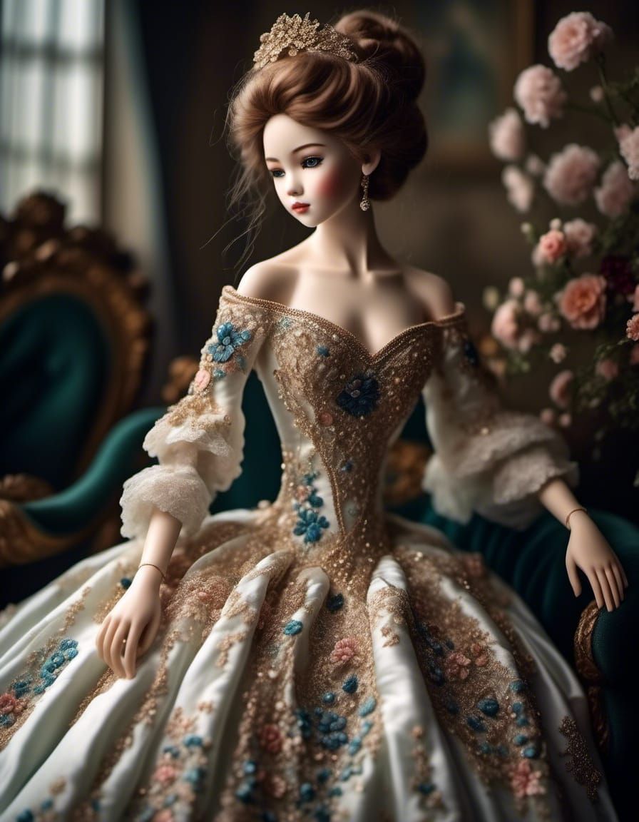 Elegant Woman in Ball Gown with Flowing Hair