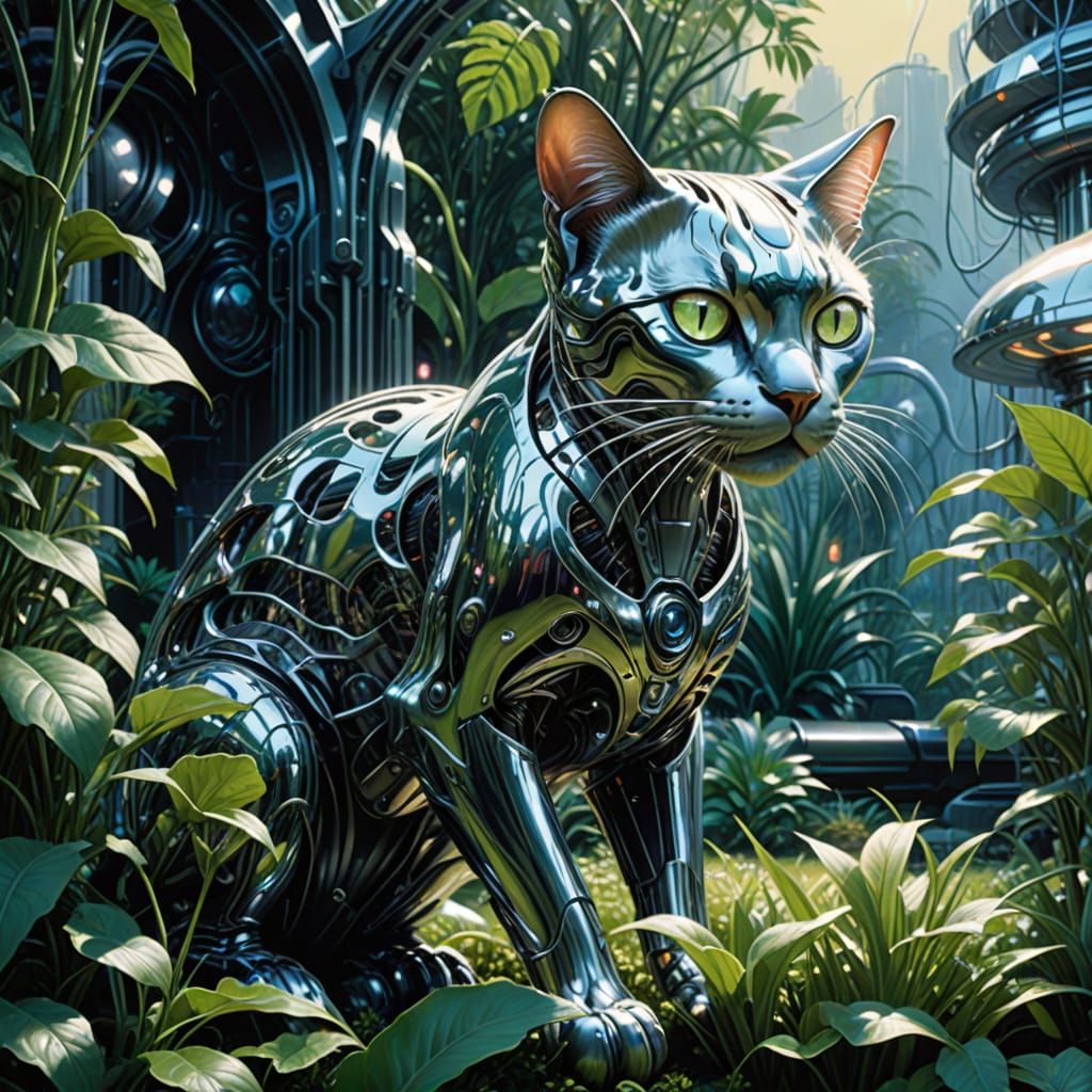 Chrome Cats Tend a Futuristic Garden