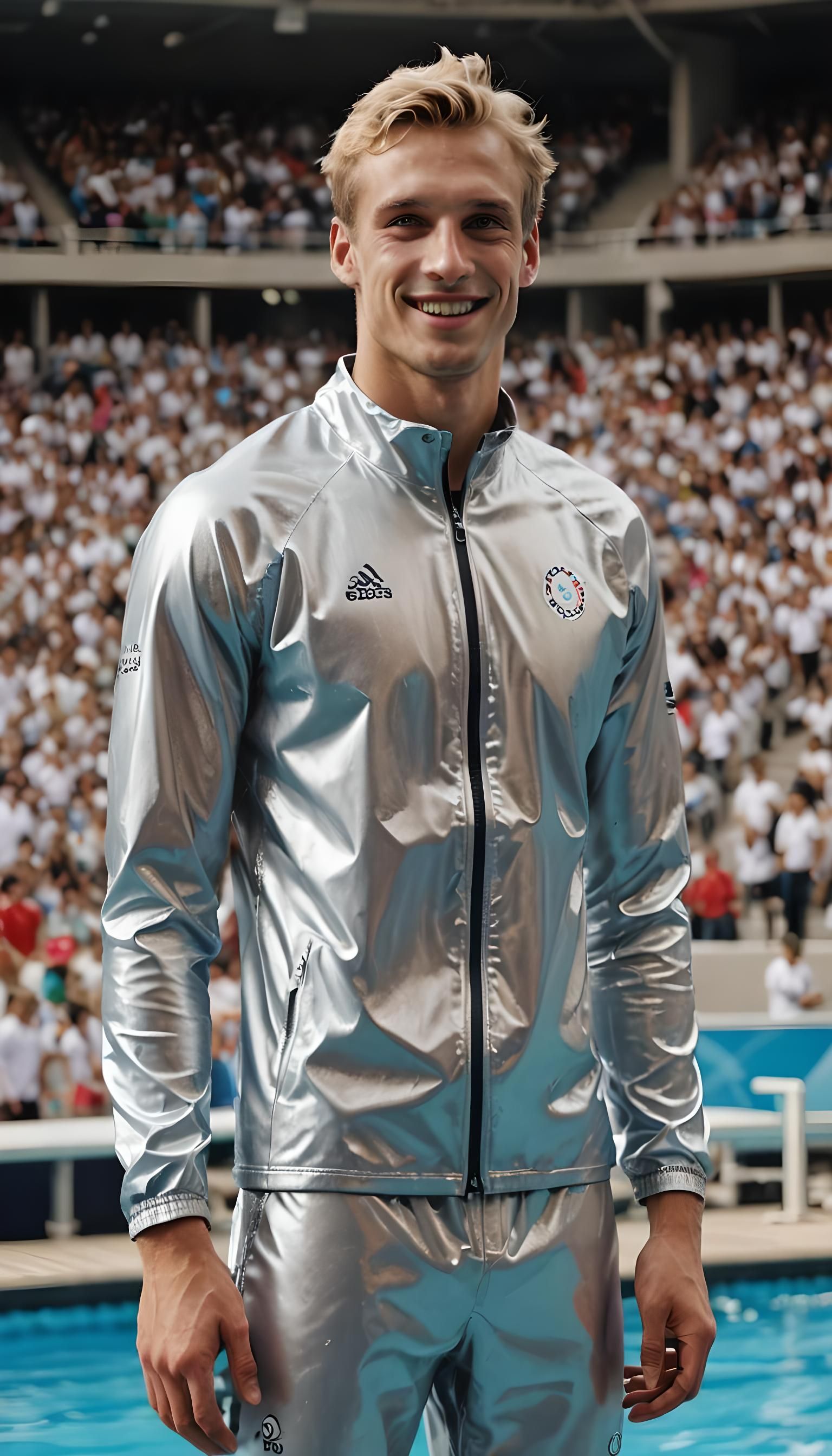 Handsome Swimmer on Podium, Vintage Silver Nitrate Photo