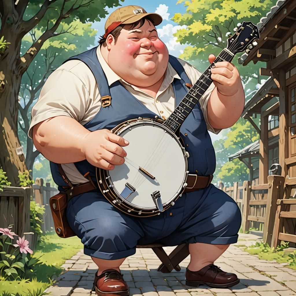 Obese Man Plays Banjo in Anime Art Style