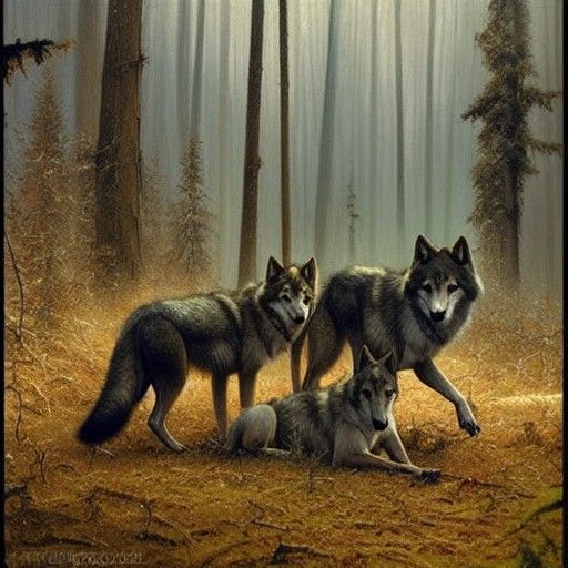 Ultrarealistic Wolves in Dark Forest, Oil Painting