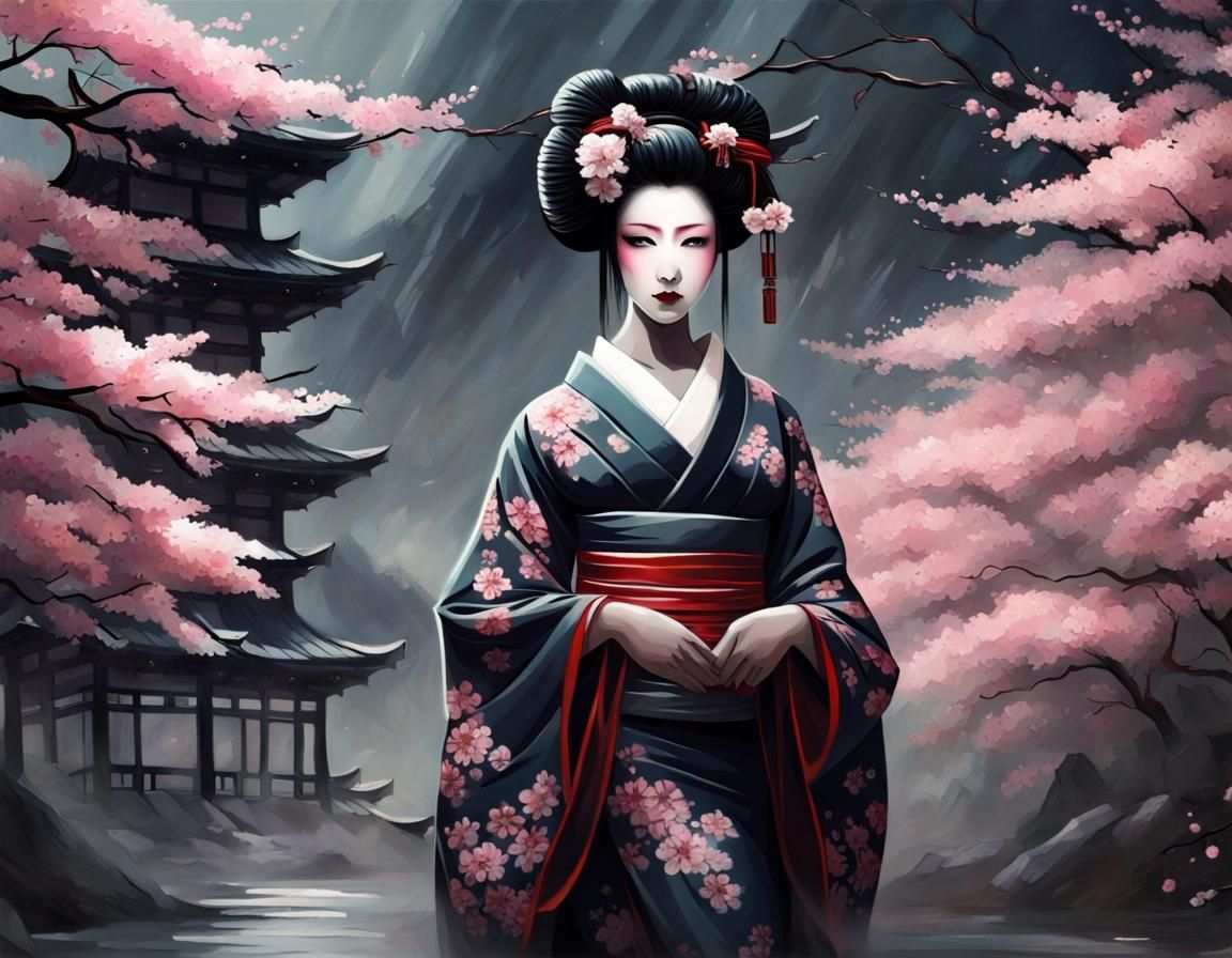 Geisha in Cherry Blossom Temple: Dark Impressionistic Fantas...