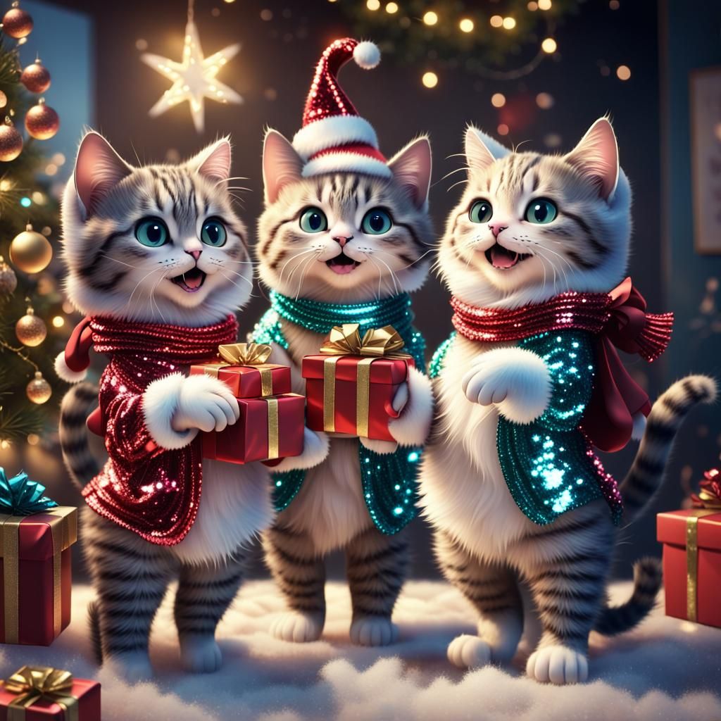 Festive Cats Celebrate Christmas in Dark Fantasy Style