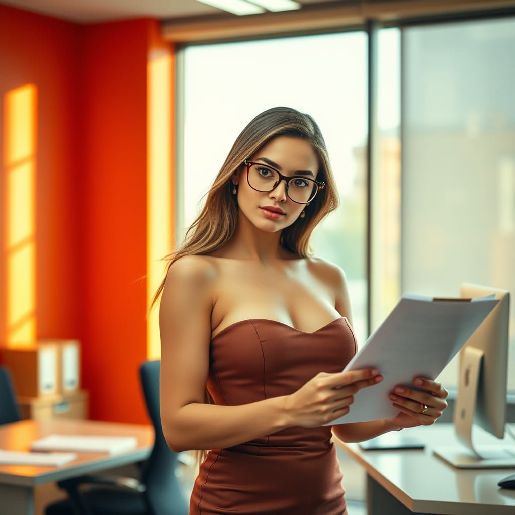 Elegant Secretary in Modern Office, Photorealistic Style