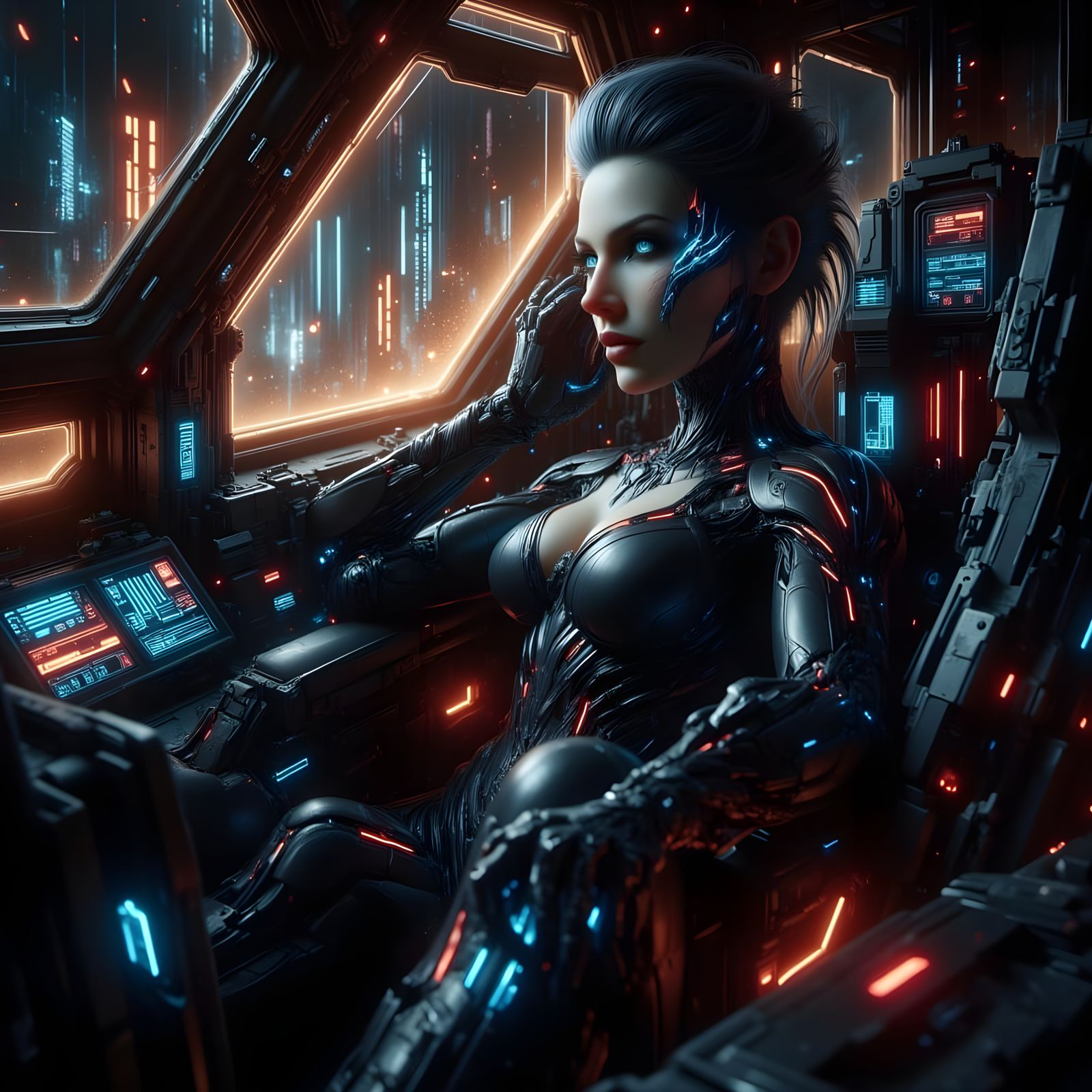 Female Mech Pilot Lounging in Cockpit