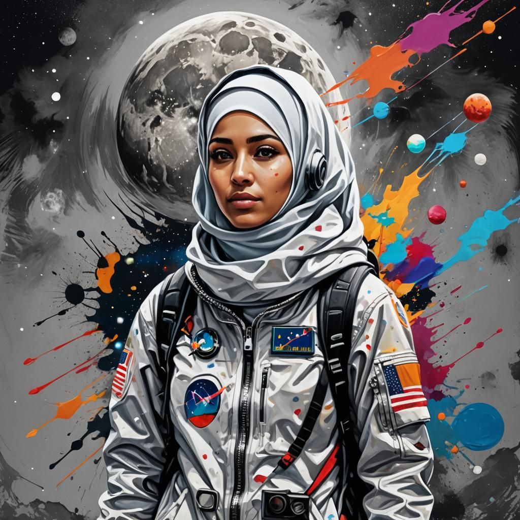 Muslim Woman on Moon with Palestine Flag in Graffiti Art