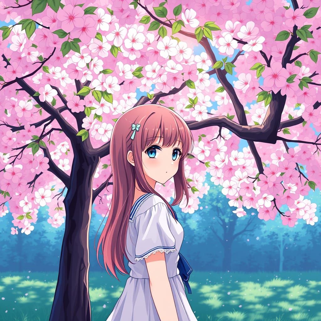 Anime Girl Under Cherry Tree with Blue Eyes