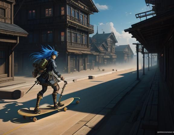 Steampunk Anime Woman on Skateboard in Kazakstan