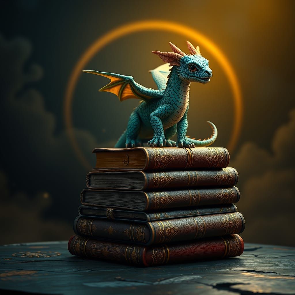 Dragon Surrounded by Ancient Tomes in a Golden Glow