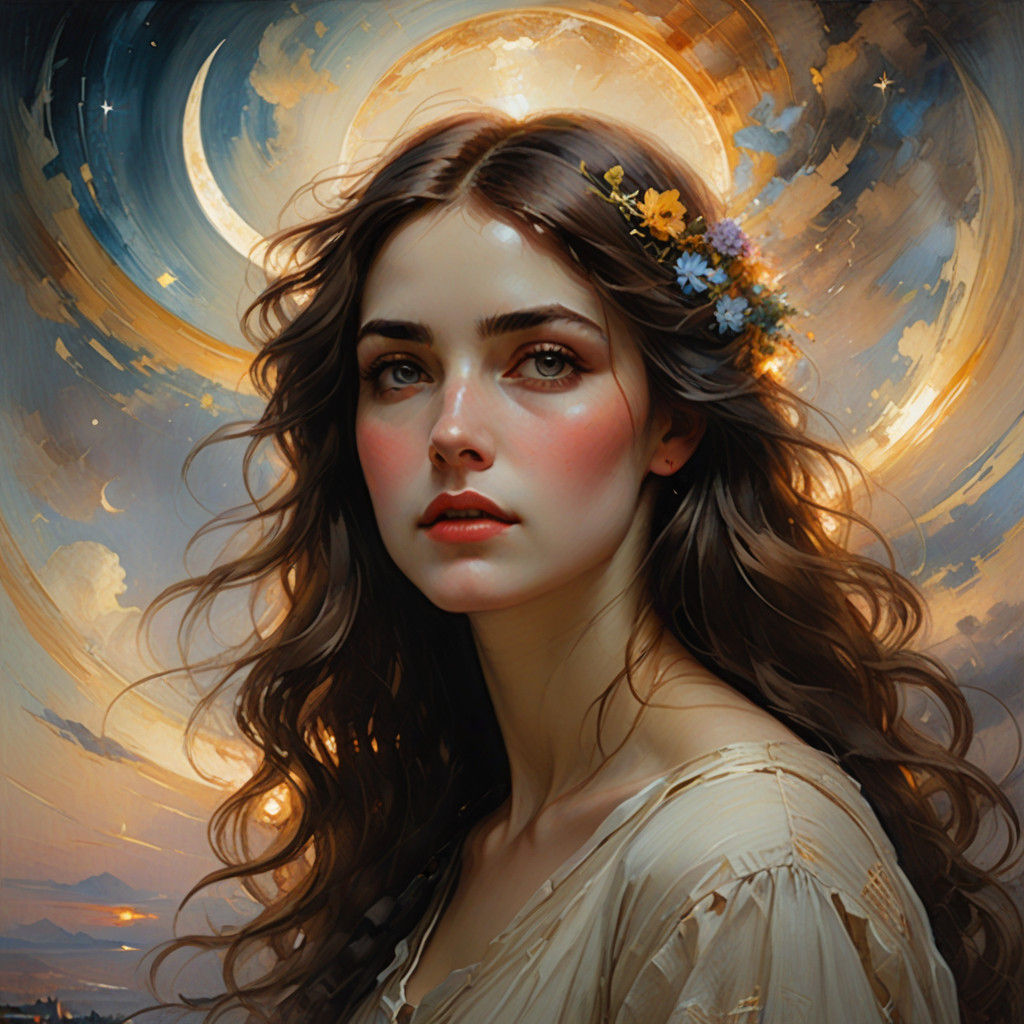 Dreamy Ethereal Portrait with Swirling Clouds and Nebulae