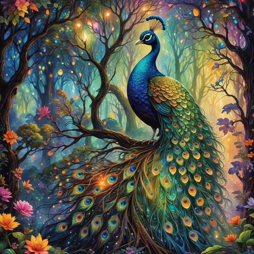 Rainbow Peacock in Fantasy Landscape, Josephine Wall Style