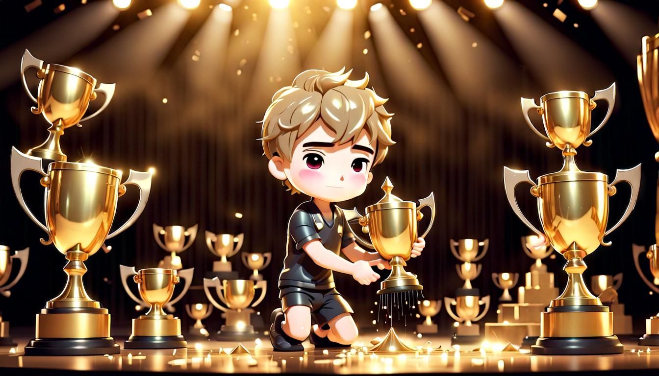 Chibi Man Cleans Golden Trophies Backstage