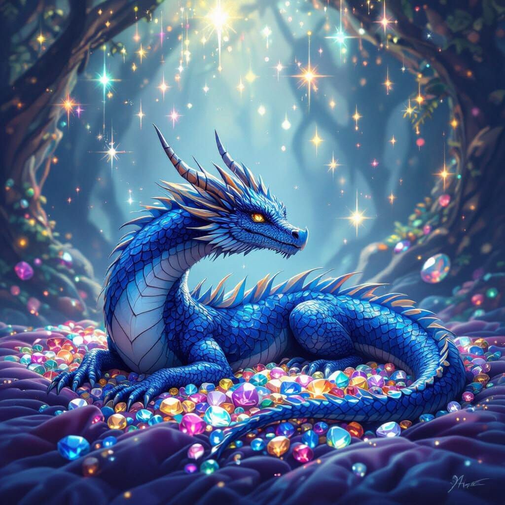 Majestic Blue Dragon on Gem Bed with Ethereal Lights