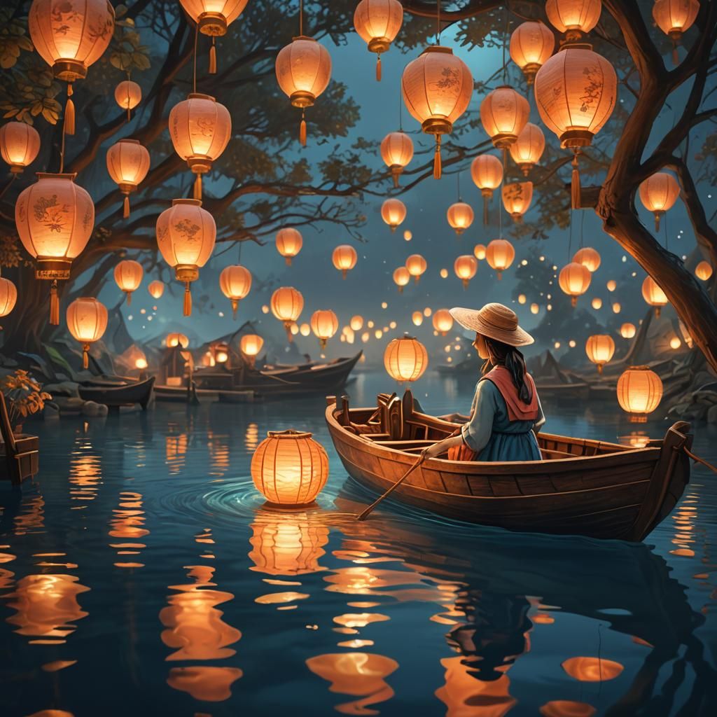 Ethereal Lake Scene with Floating Paper Lamps