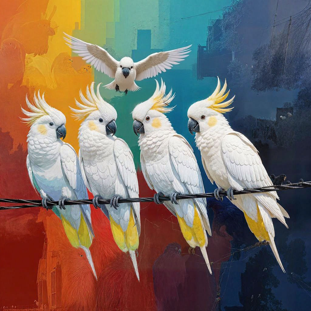 Cockatoos on an Electric Line in Abstract Art